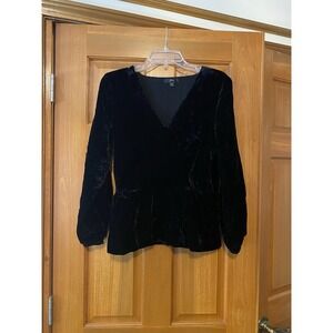 J. CREW Black V-Neck Velour Velvet Faux Wrap Peplum LS Side Zip Dressy Blouse 8
